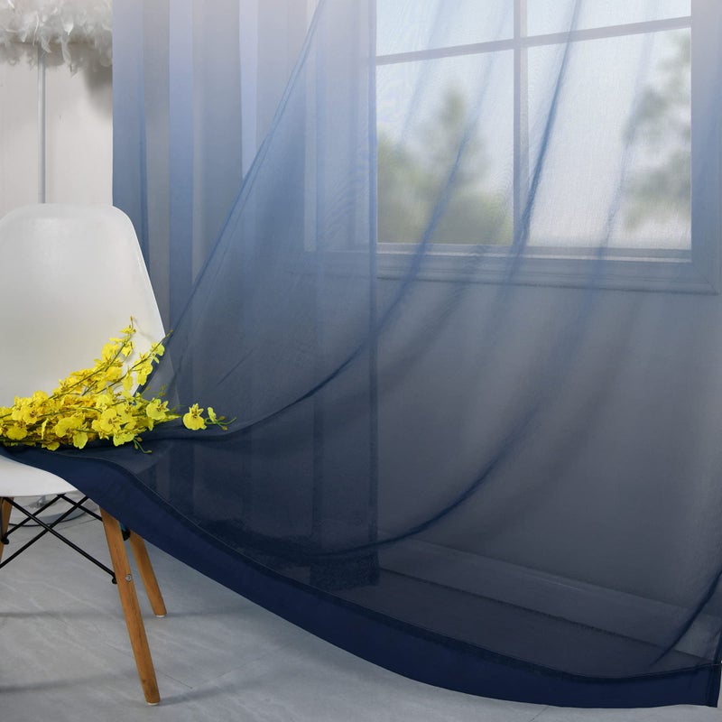 KOUFALL Navy and White Curtains for Living Room Set 2 Panels Rod Pocket Window Ombre Coastal Sheer Curtains for Bedroom Masculine Man's Cave Teen Boys Room Decor Man Christmas 52 x 84 Inches Long Dark Blue - Image 4